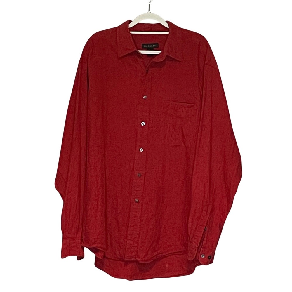 VTG Harolds Mens Red 100% Linen Long Sleeve Button Down Shirt  L Coastal Resort